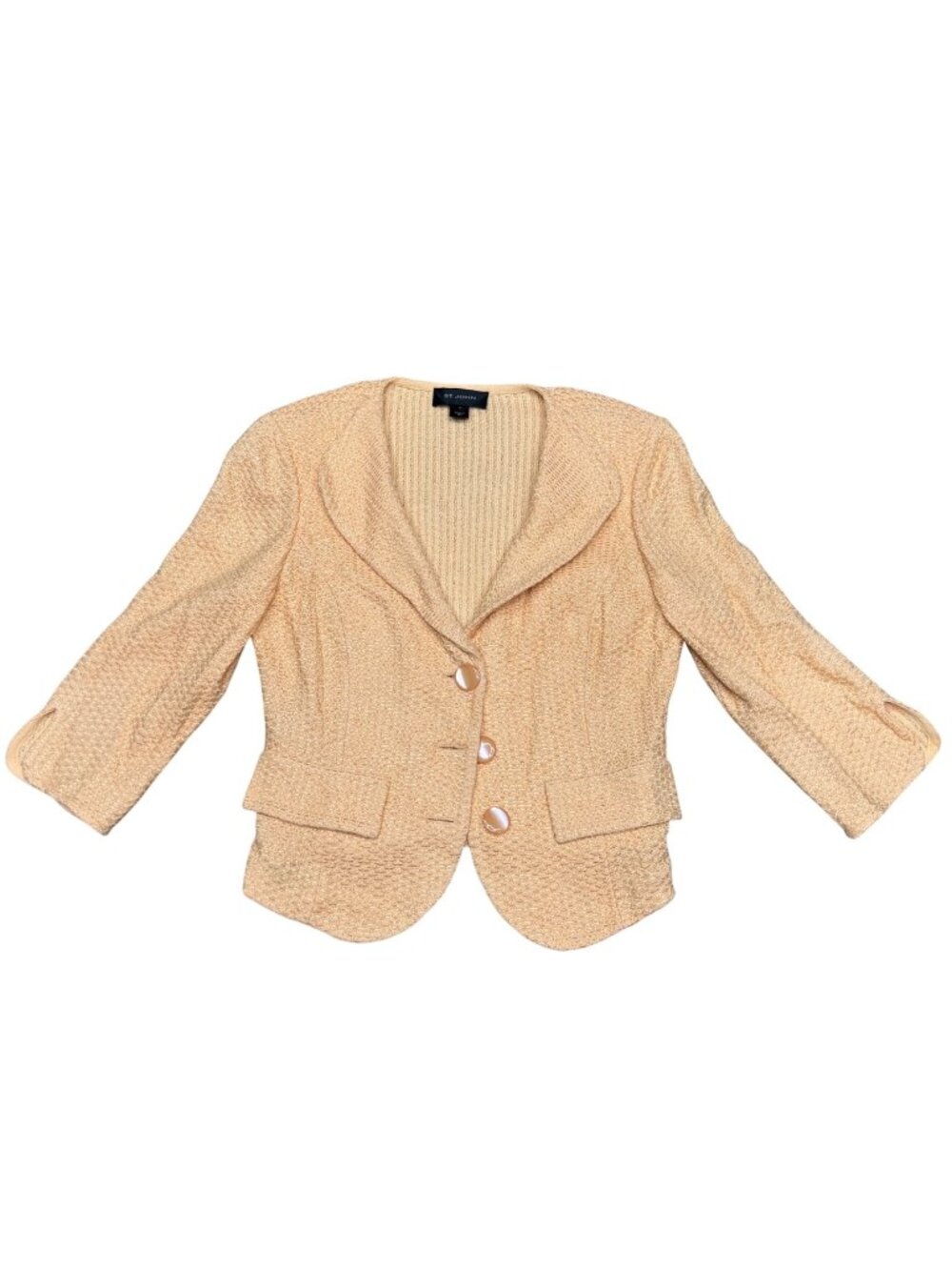 St. John Peach Orange Textured Knit Blazer Jacket Size 12 3/4 Sleeves Button USA